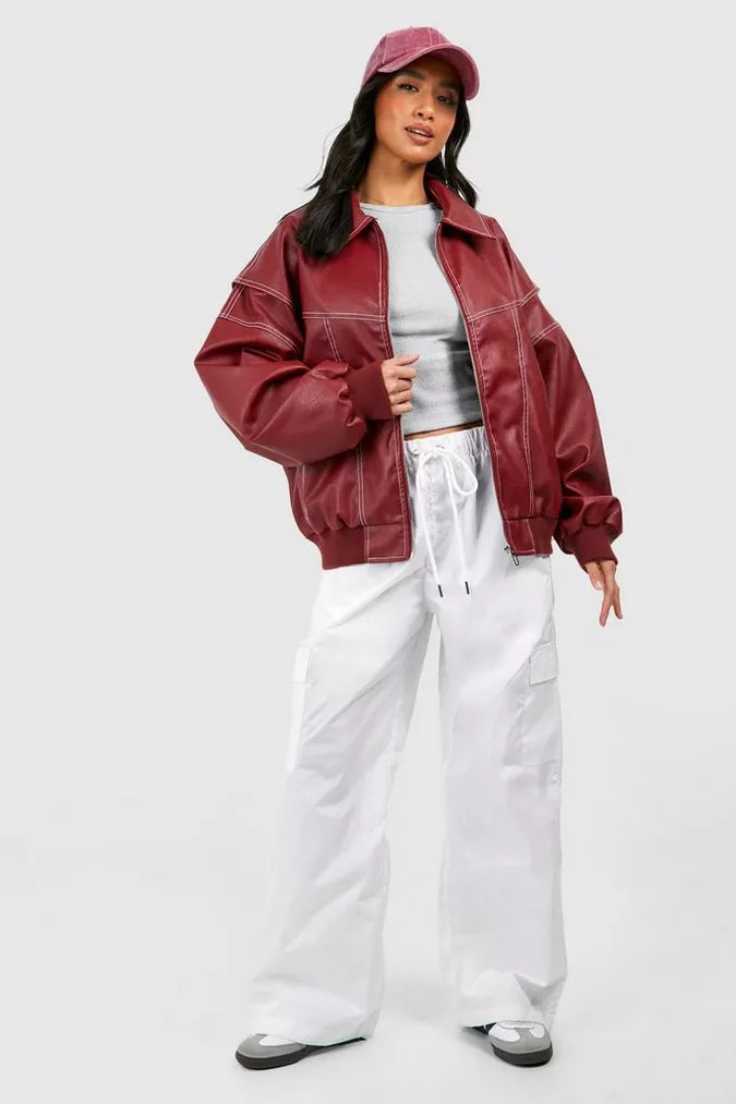 AGNERA – Chaqueta bomber oversize de efecto cuero para mujer con costuras en contraste