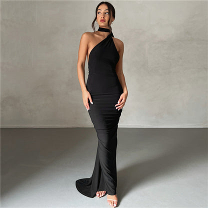 Eula - Vestido Elegante Largo Con Espalda Descubierta Ajustado Fruncido de Fiesta Boda Primavera Verano 2024 Para Mujer Negro