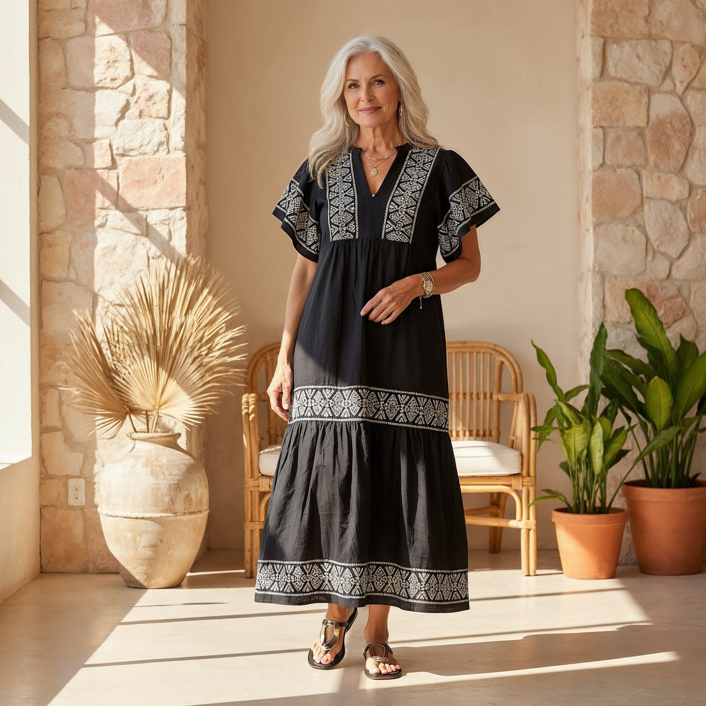 CELESTE – Vestido midi veraniego con escote en V y estilo bohemio para mujer