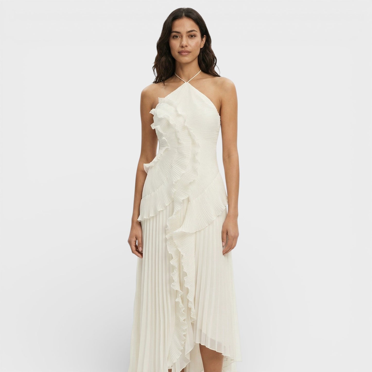 VALERIA – Vestido largo plisado con cuello halter para mujer