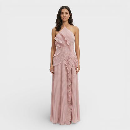 VALERIA – Vestido largo plisado con cuello halter para mujer