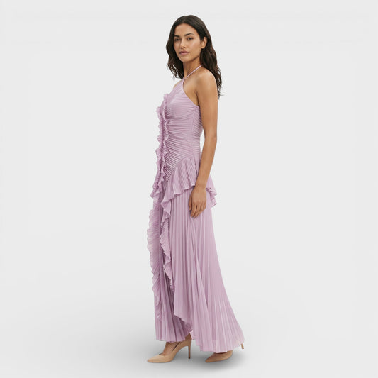 VALERIA – Vestido largo plisado con cuello halter para mujer