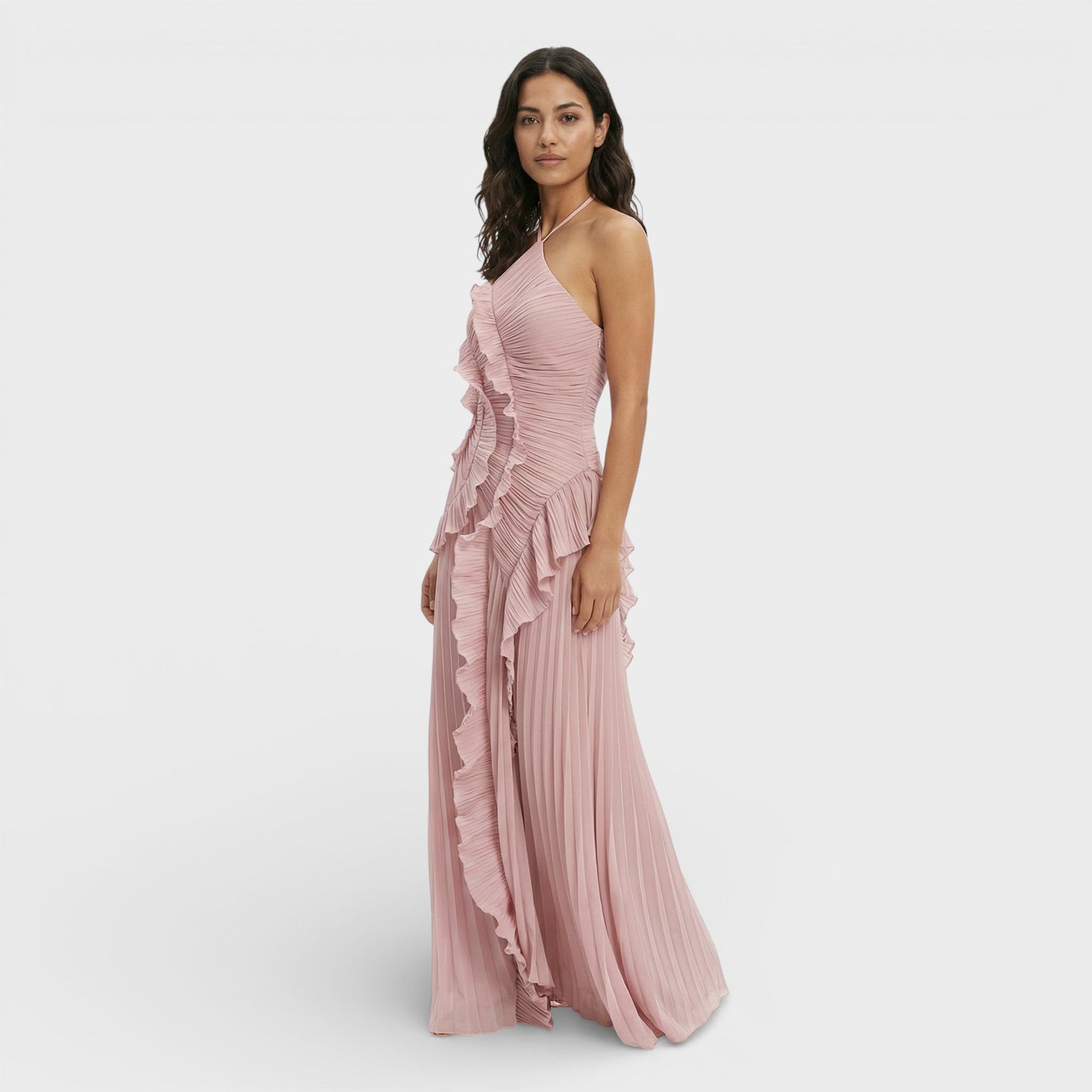 VALERIA – Vestido largo plisado con cuello halter para mujer