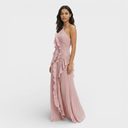 VALERIA – Vestido largo plisado con cuello halter para mujer