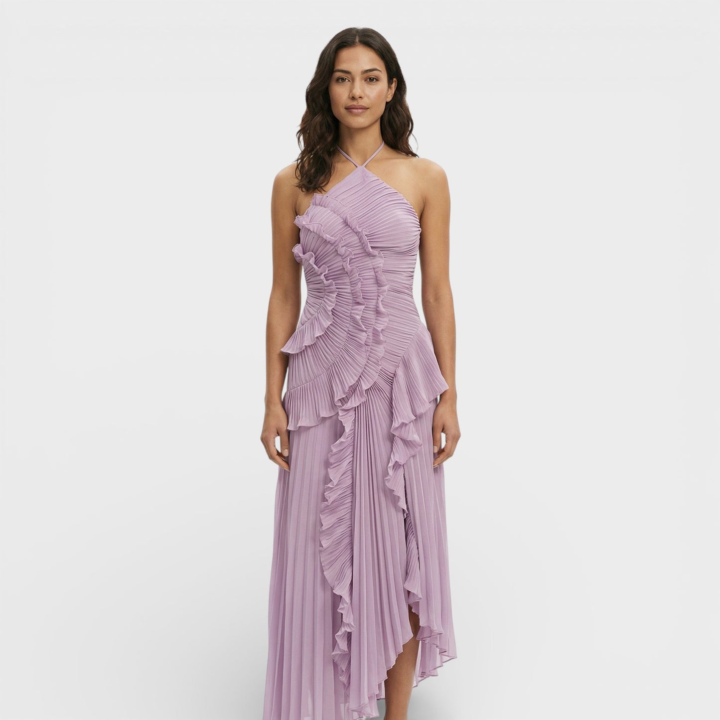 VALERIA – Vestido largo plisado con cuello halter para mujer