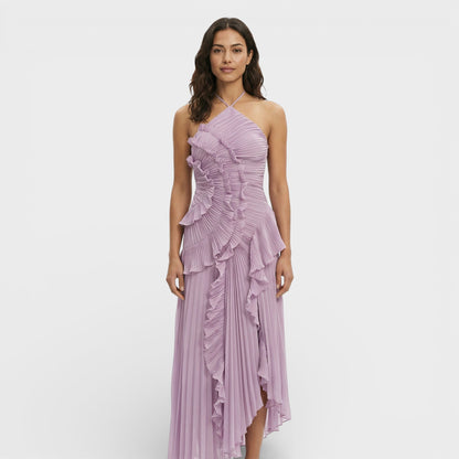 VALERIA – Vestido largo plisado con cuello halter para mujer