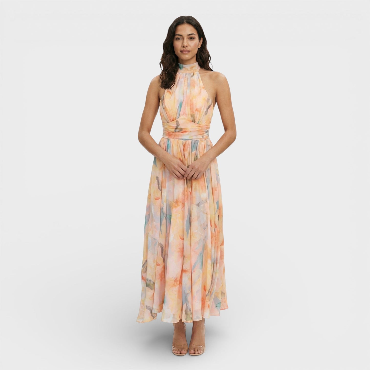MARTA – Vestido maxi estampado acuarela con cuello halter