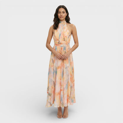 MARTA – Vestido maxi estampado acuarela con cuello halter