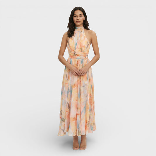 MARTA – Vestido maxi estampado acuarela con cuello halter