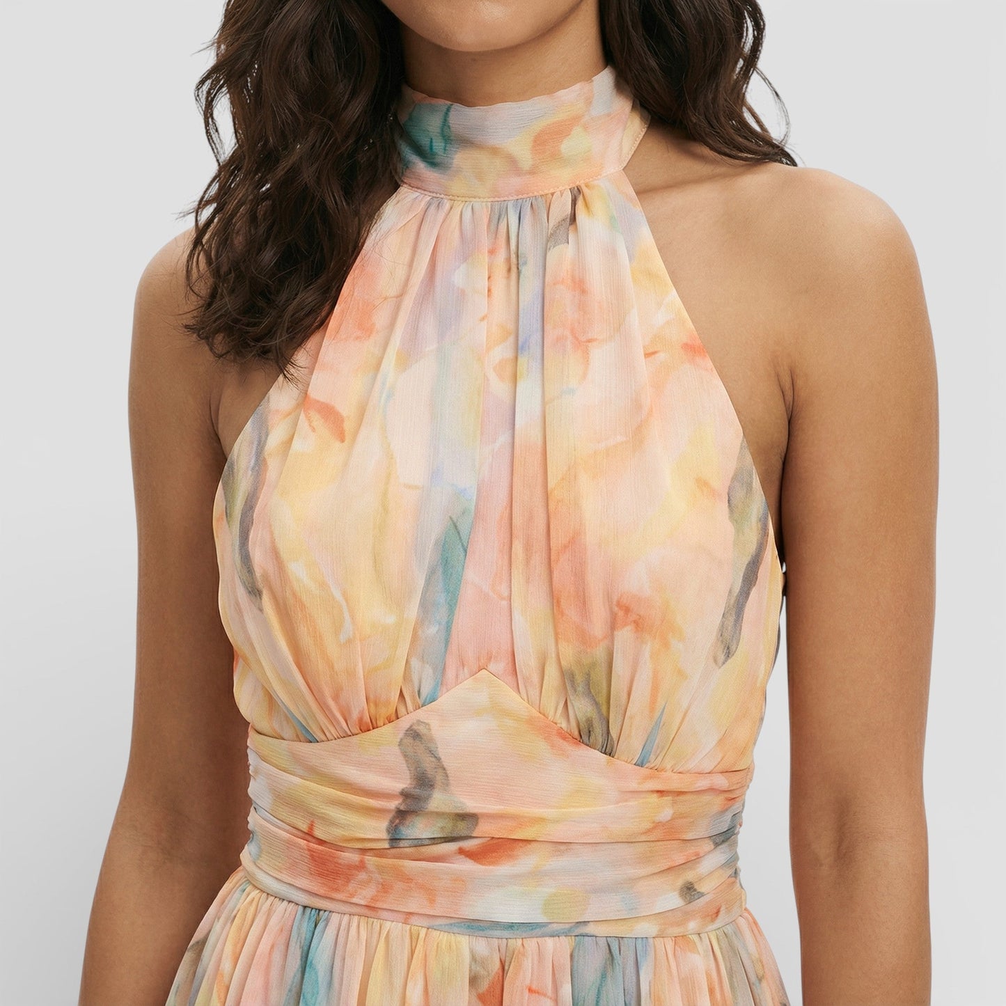 MARTA – Vestido maxi estampado acuarela con cuello halter