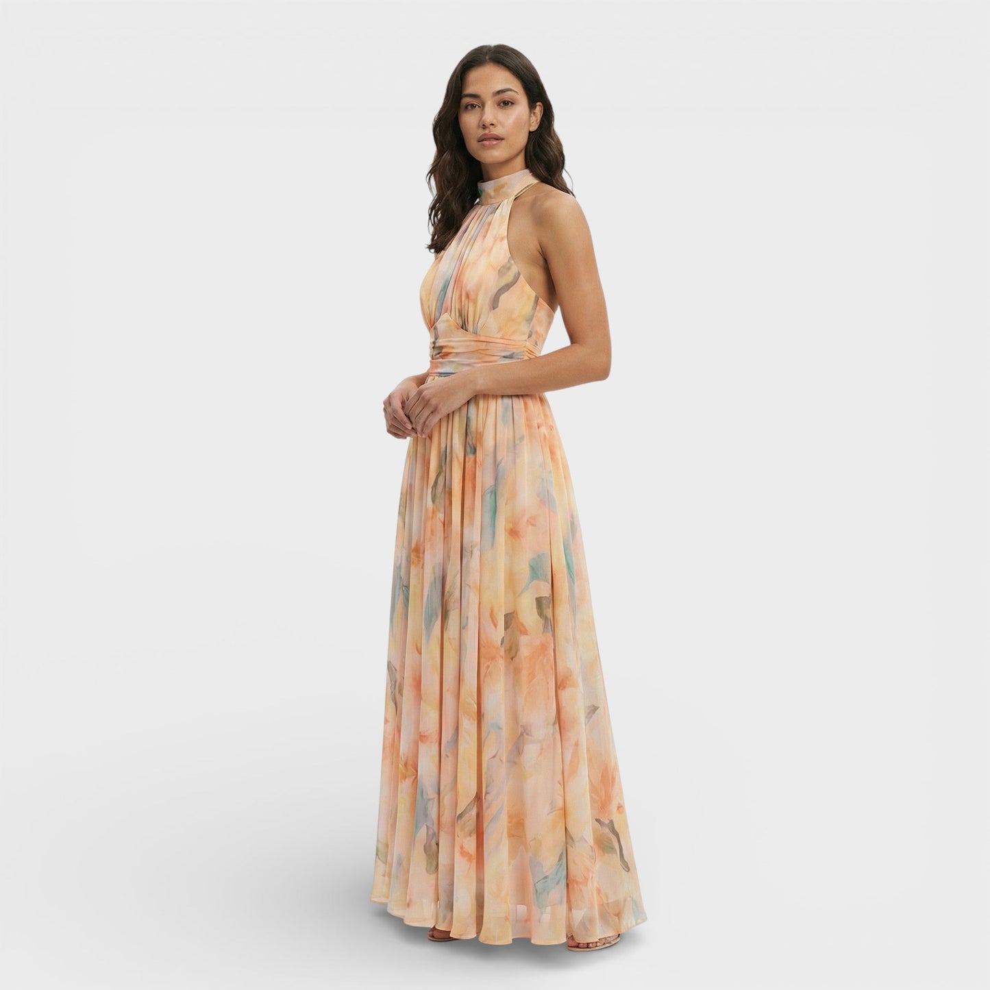 MARTA – Vestido maxi estampado acuarela con cuello halter