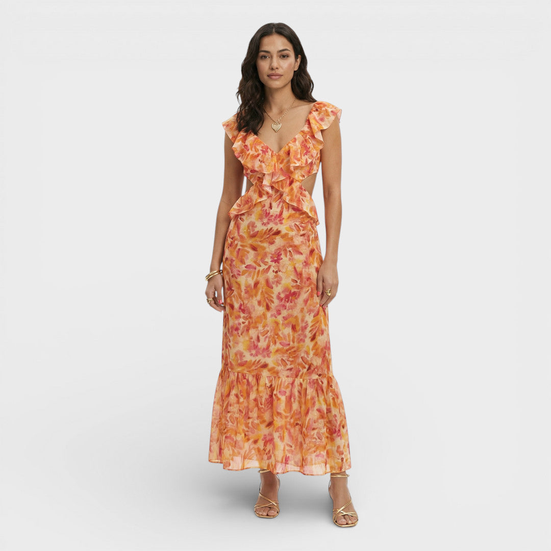 AURORA – Vestido largo de mujer con volantes y estampado
