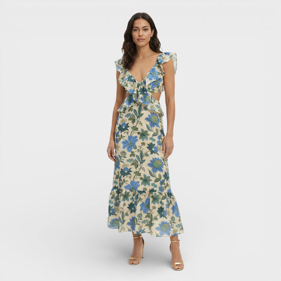 AURORA – Vestido largo de mujer con volantes y estampado