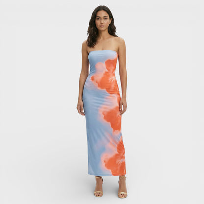 ELENA – Vestido maxi strapless estampado para invitada
