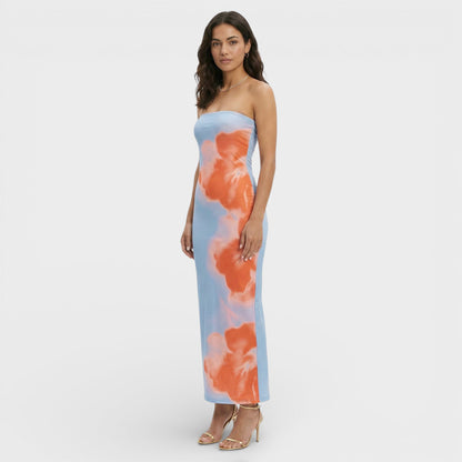 ELENA – Vestido maxi strapless estampado para invitada