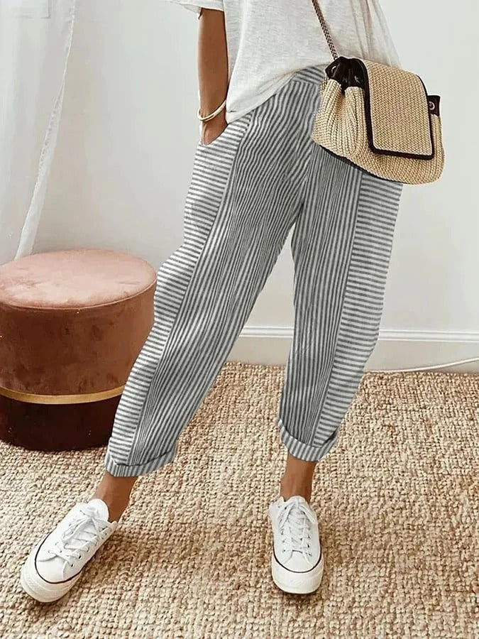 Pantalón fluido de lino con rayas y cintura ajustable – DALIA