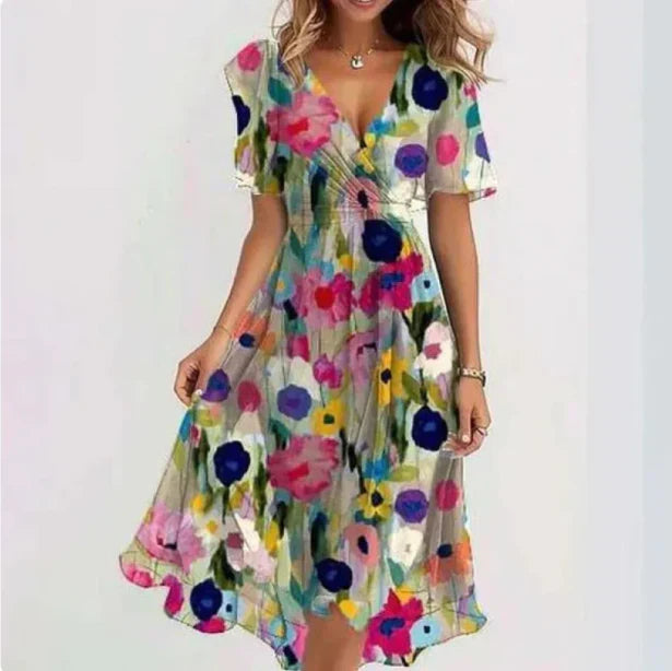 Florencia – Vestido midi de gasa floral con escote en V y mangas cortas para mujer