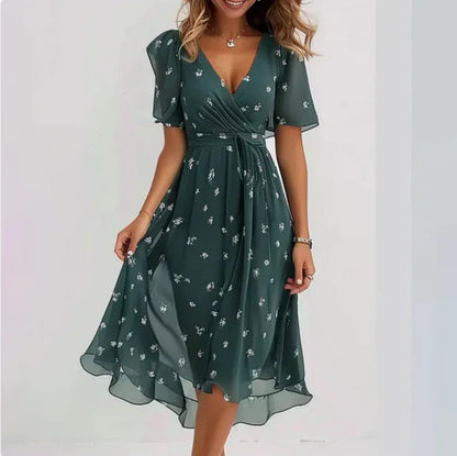 Florencia – Vestido midi de gasa floral con escote en V y mangas cortas para mujer