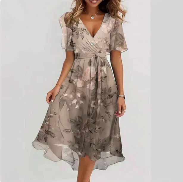 Florencia – Vestido midi de gasa floral con escote en V y mangas cortas para mujer