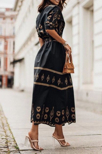 MARINA – Vestido midi bohemio con estampado y cinturón para mujer