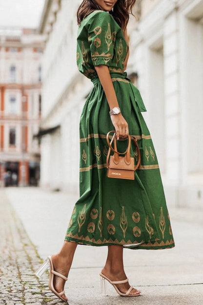 MARINA – Vestido midi bohemio con estampado y cinturón para mujer