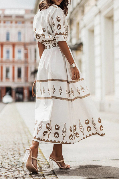 MARINA – Vestido midi bohemio con estampado y cinturón para mujer