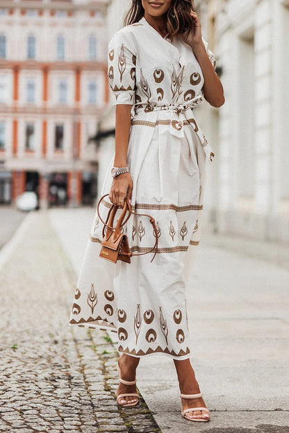 MARINA – Vestido midi bohemio con estampado y cinturón para mujer