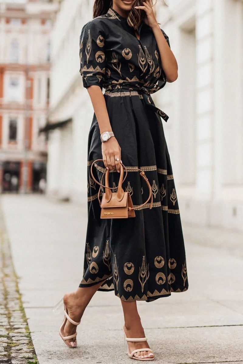 MARINA – Vestido midi bohemio con estampado y cinturón para mujer