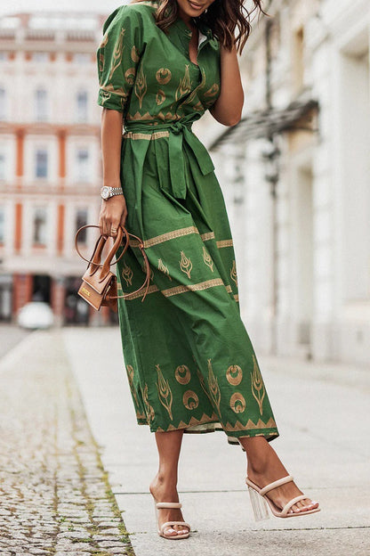 MARINA – Vestido midi bohemio con estampado y cinturón para mujer