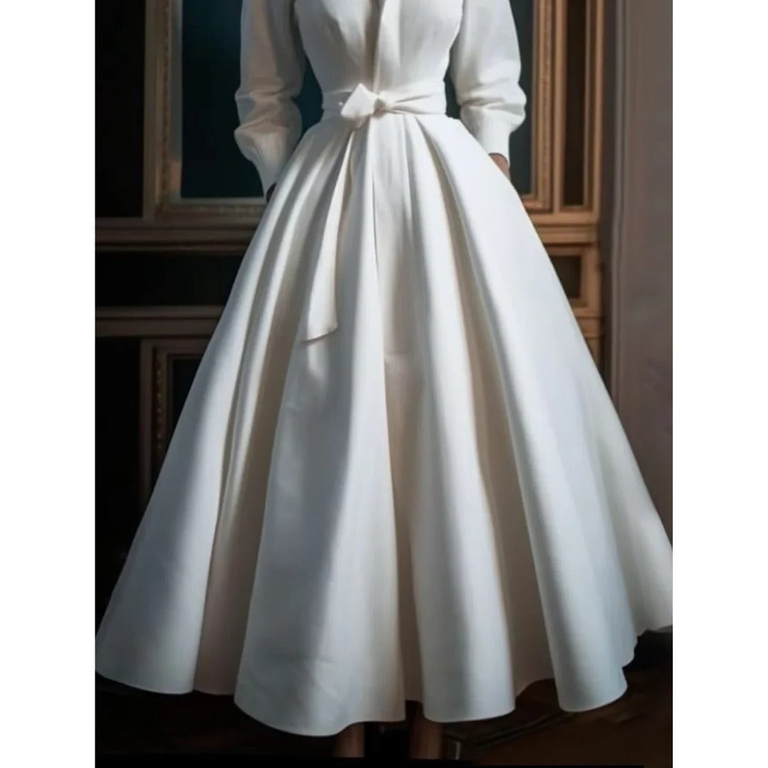 Elivra – Vestido midi con escote en V y manga larga en corte A para mujer