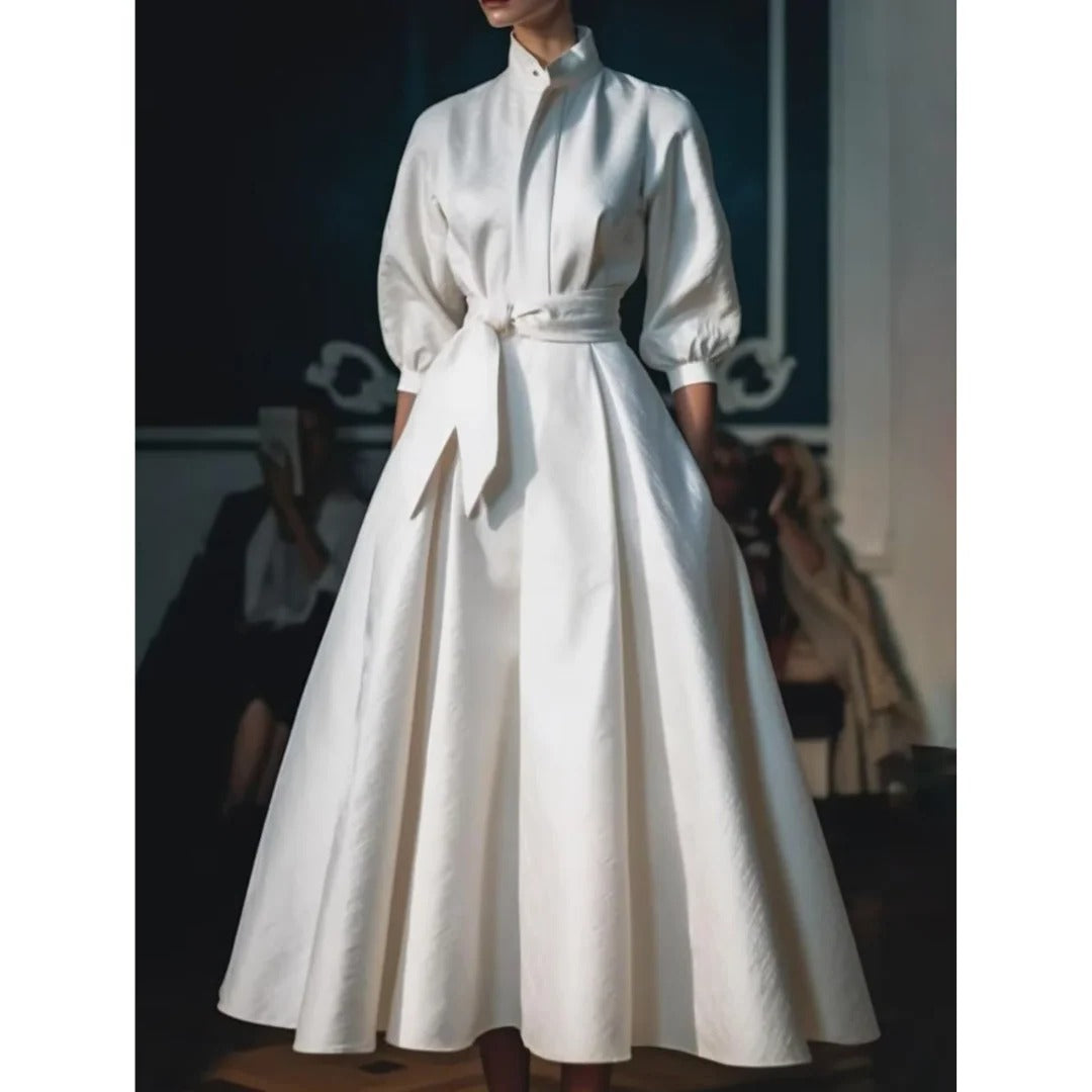 Elivra – Vestido midi con escote en V y manga larga en corte A para mujer