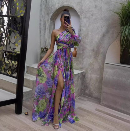 Florencia – Vestido maxi de verano con un hombro descubierto y estampado floral para mujer