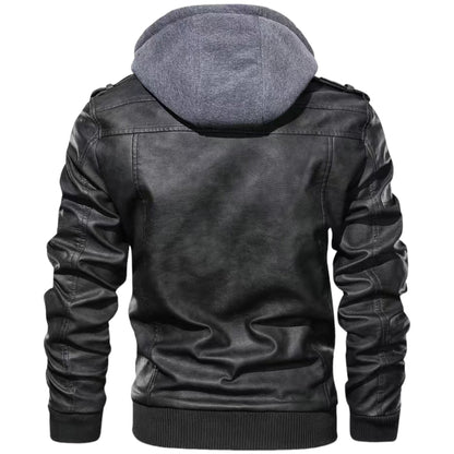FABIO - Chaqueta de cuero con capucha y cremallera para hombre