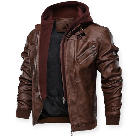 FABIO - Chaqueta de cuero con capucha y cremallera para hombre