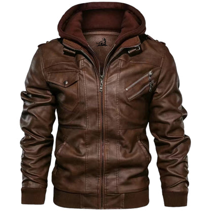 FABIO - Chaqueta de cuero con capucha y cremallera para hombre