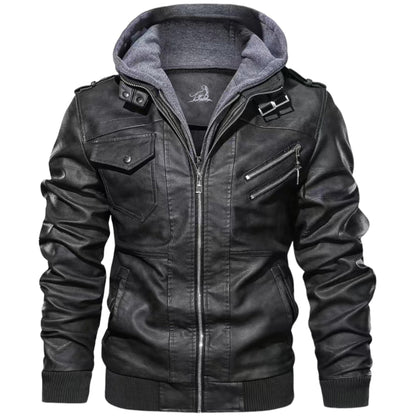 FABIO - Chaqueta de cuero con capucha y cremallera para hombre