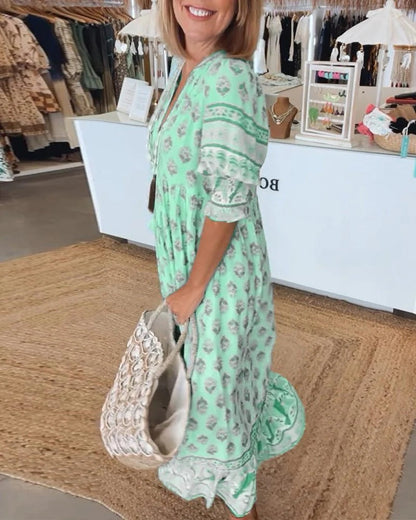 FIORELLA – Vestido midi bohemio con estampado y lazos de flecos para mujer