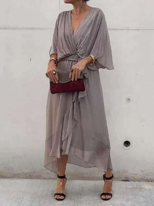 Vestido cruzado midi con cinturón y escote en pico – NAELLA