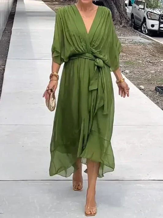 Vestido cruzado midi con cinturón y escote en pico – NAELLA
