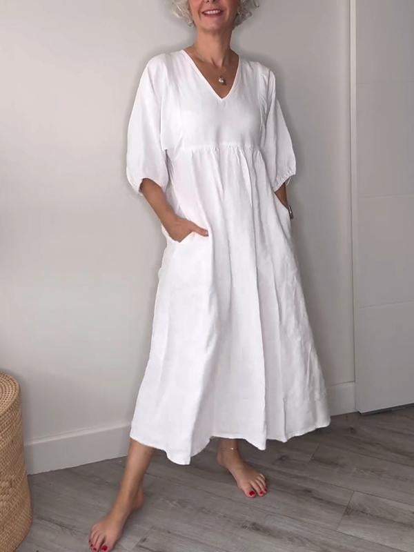 Vestido midi casual con escote en V y bolsillos para mujer – LUCIA