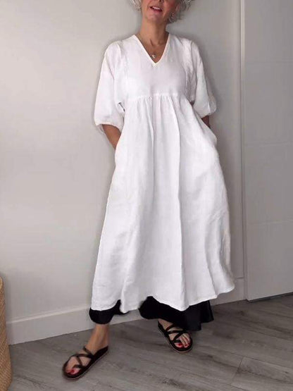 Vestido midi casual con escote en V y bolsillos para mujer – LUCIA
