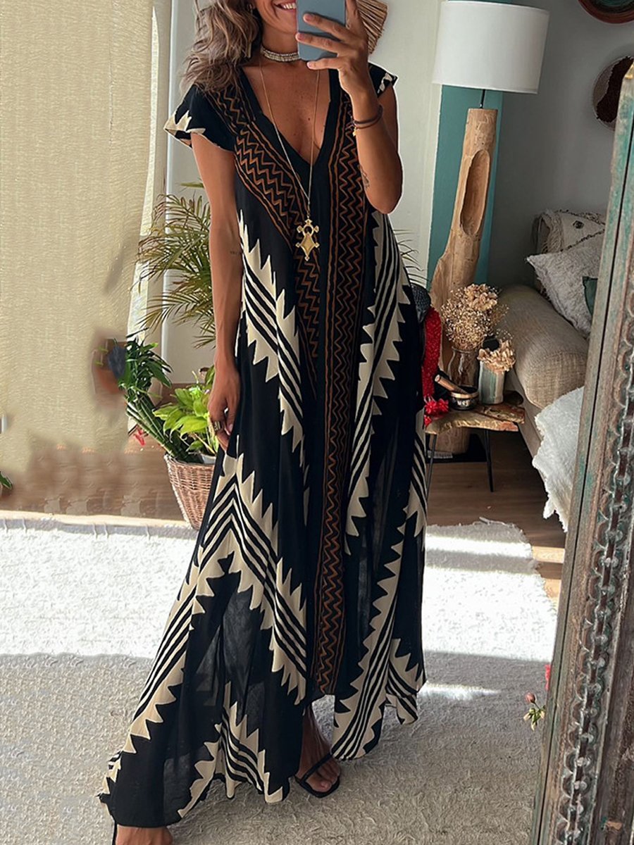 Vestido maxi de mujer con escote profundo y mangas amplias – FERNANDA