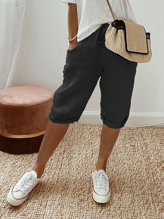 Pantalón de algodón y lino con cintura elástica y bolsillos – EMELYN