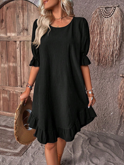 EMMA – Vestido mini de lino con volantes y mangas abullonadas para mujer
