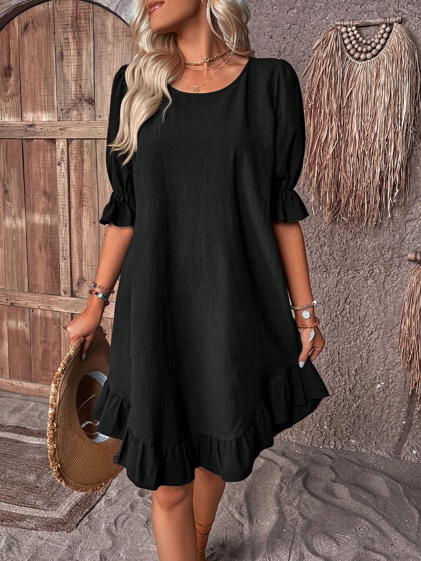 BEATRIZ – Vestido mini de lino con volantes y mangas abullonadas para mujer