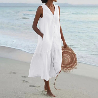 MARIA – Vestido midi bohemio de lino sin mangas con botonadura y vuelo en capas para mujer