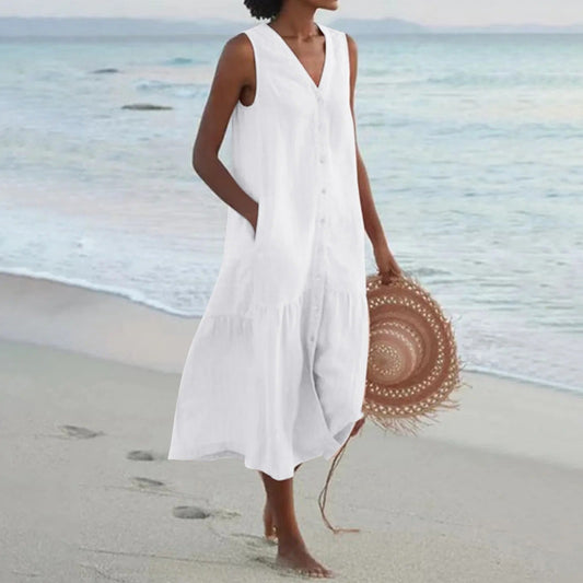 MARIA – Vestido midi bohemio de lino sin mangas con botonadura y vuelo en capas para mujer