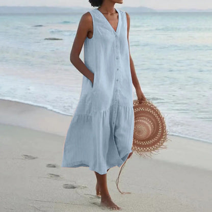 MARIA – Vestido midi bohemio de lino sin mangas con botonadura y vuelo en capas para mujer