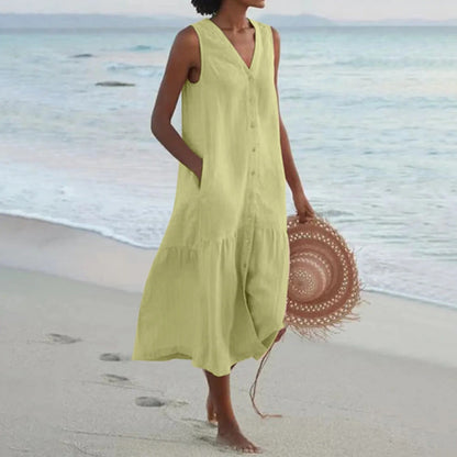 MARIA – Vestido midi bohemio de lino sin mangas con botonadura y vuelo en capas para mujer