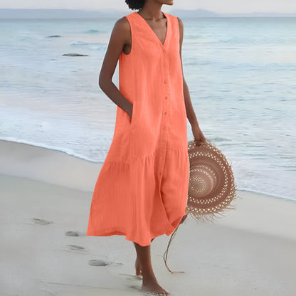 MARIA – Vestido midi bohemio de lino sin mangas con botonadura y vuelo en capas para mujer